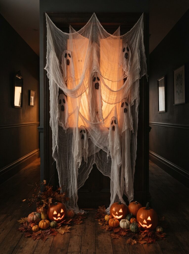 ![A home doorway transformed into a spooky ghost entrance using layers of loose white cheesecloth and lightweight fabric, several simple ghost faces appearing across the hanging material, warm orange light glowing from behind, pumpkins and autumn leaves at the base, cozy dark hallway surrounding the doorway, realistic Halloween home decor photography, vertical Pinterest composition, no text.]