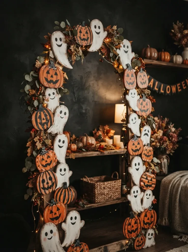 ![Painted wooden ghost and pumpkin cutouts arranged into a decorative arch against a dark wall, dramatic lighting, vertical Pinterest photography, wooden-cutout-arch styling.]