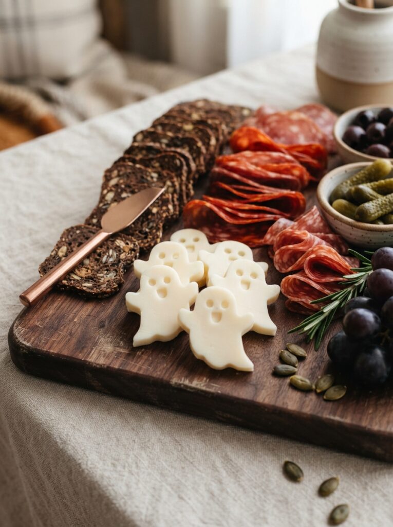 ![Sharp white cheddar cheese stamped into clean, miniature ghost shapes, stacked against dark artisan crackers and folded salami on a wooden board, soft daytime lighting, vertical Pinterest photography, graphic ghost cheese styling.]