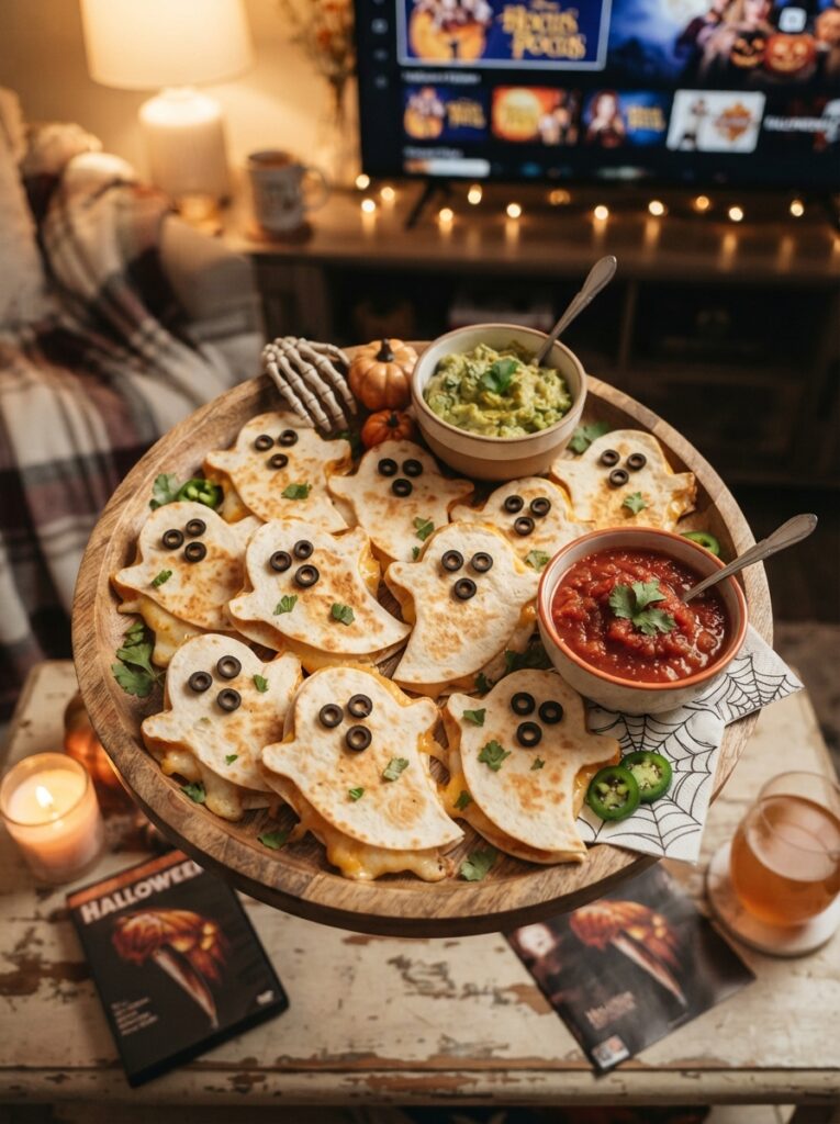 ![Ghost-shaped Halloween cheese quesadillas with black olive faces, served with salsa and guacamole on a festive movie-night platter, warm cozy lighting, vertical Pinterest photography.]