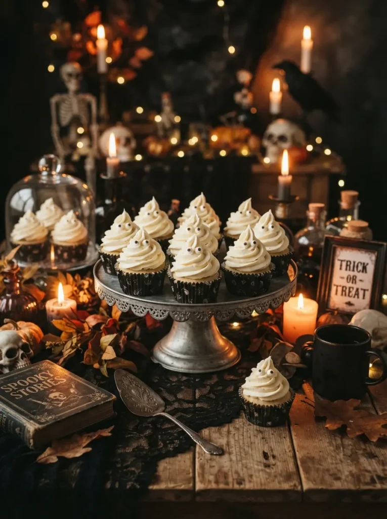 White buttercream ghost cupcakes with tiny chocolate eyes, black cupcake liners, and a moody Halloween dessert display, warm candlelight, vertical Pinterest photography.