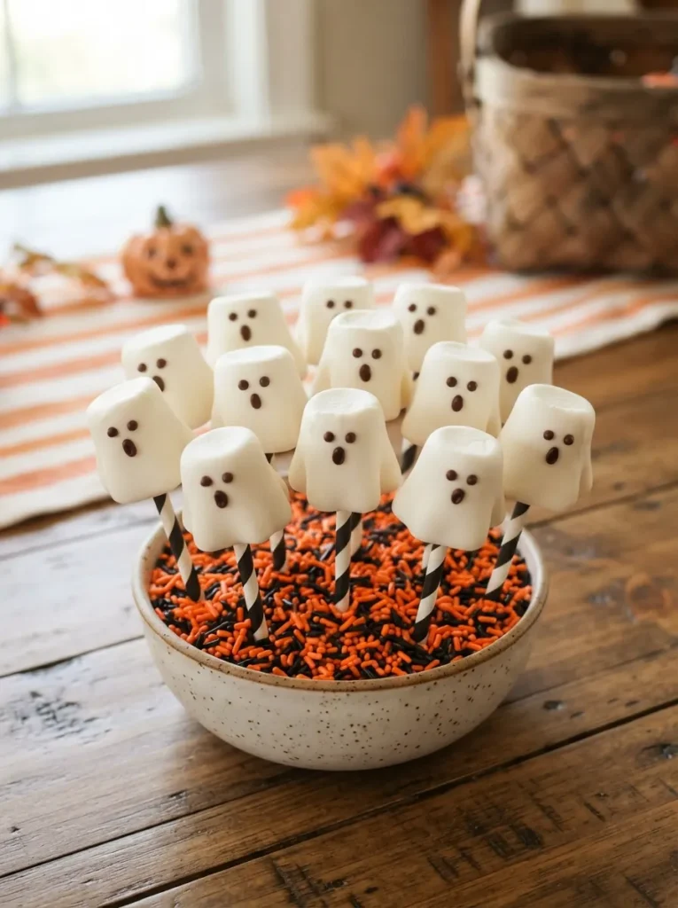 ![Halloween marshmallow ghost pops dipped in white candy coating with tiny chocolate faces, displayed upright in a bowl of orange and black sprinkles, vertical Pinterest photography.]