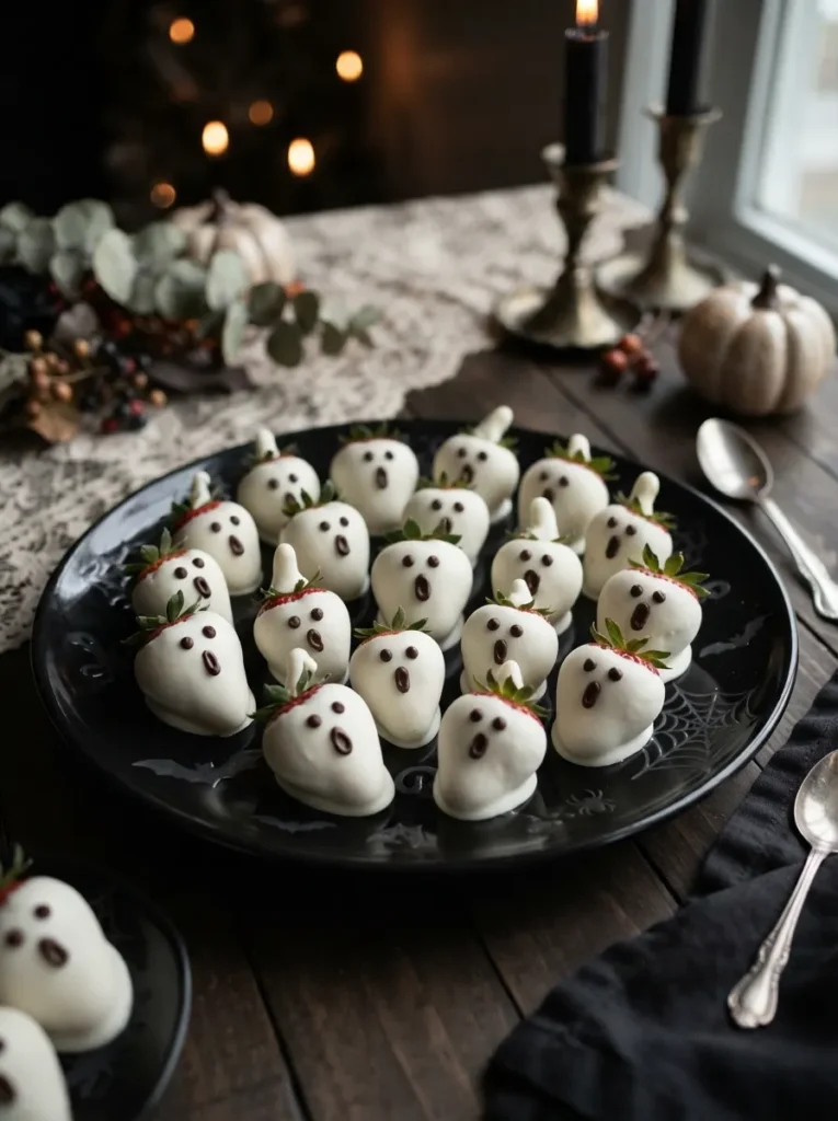 ![White chocolate-dipped strawberries decorated as tiny ghosts with chocolate eyes and mouths, arranged on a black Halloween dessert platter, elegant spooky styling, vertical Pinterest photography.]
