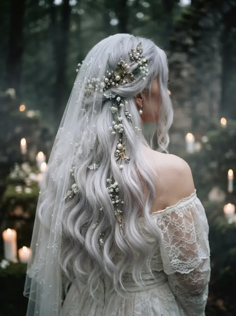 Ghostly Halloween hairstyle with long soft white and silver waves, pearl hairpins, delicate white flowers, sheer veil, ethereal spooky beauty styling, vertical Pinterest photography.