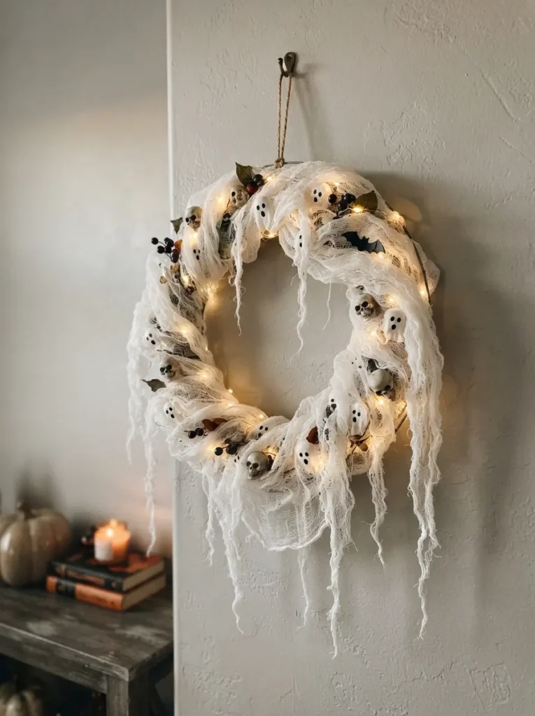 ![A handmade ghostly Halloween wreath made from layers of loose white cheesecloth wrapped around a circular wreath form, fabric strands hanging unevenly around the edges, tiny black ghost faces and miniature skull accents, soft warm LED lights woven through the fabric, displayed on a neutral interior wall, cozy eerie atmosphere, realistic DIY home decor photography, vertical Pinterest composition, no text.]