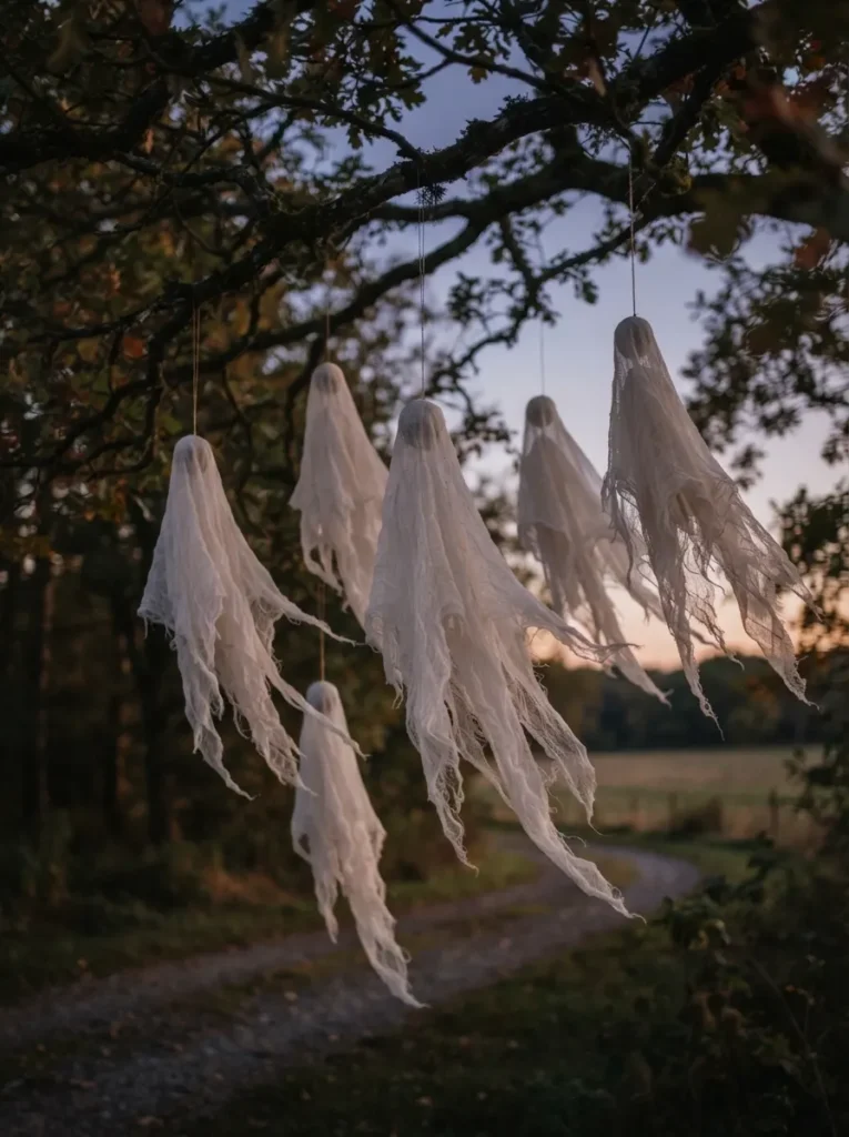 ![Ethereal ghosts made of layered, tattered white cheesecloth suspended from dark tree branches, blowing gently in the breeze, soft dusk lighting, vertical Pinterest photography, romantic floating ghost styling.]