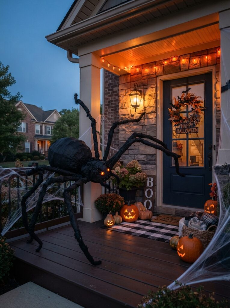 ![A giant DIY black spider crawling across the front porch of a suburban home, oversized rounded body with eight long curved legs made from lightweight black materials, dramatic placement beside the front door, several pumpkins and subtle spider webs around the porch, warm orange porch lighting at dusk, spooky but stylish Halloween atmosphere, realistic home exterior photography, vertical Pinterest composition, no text.]