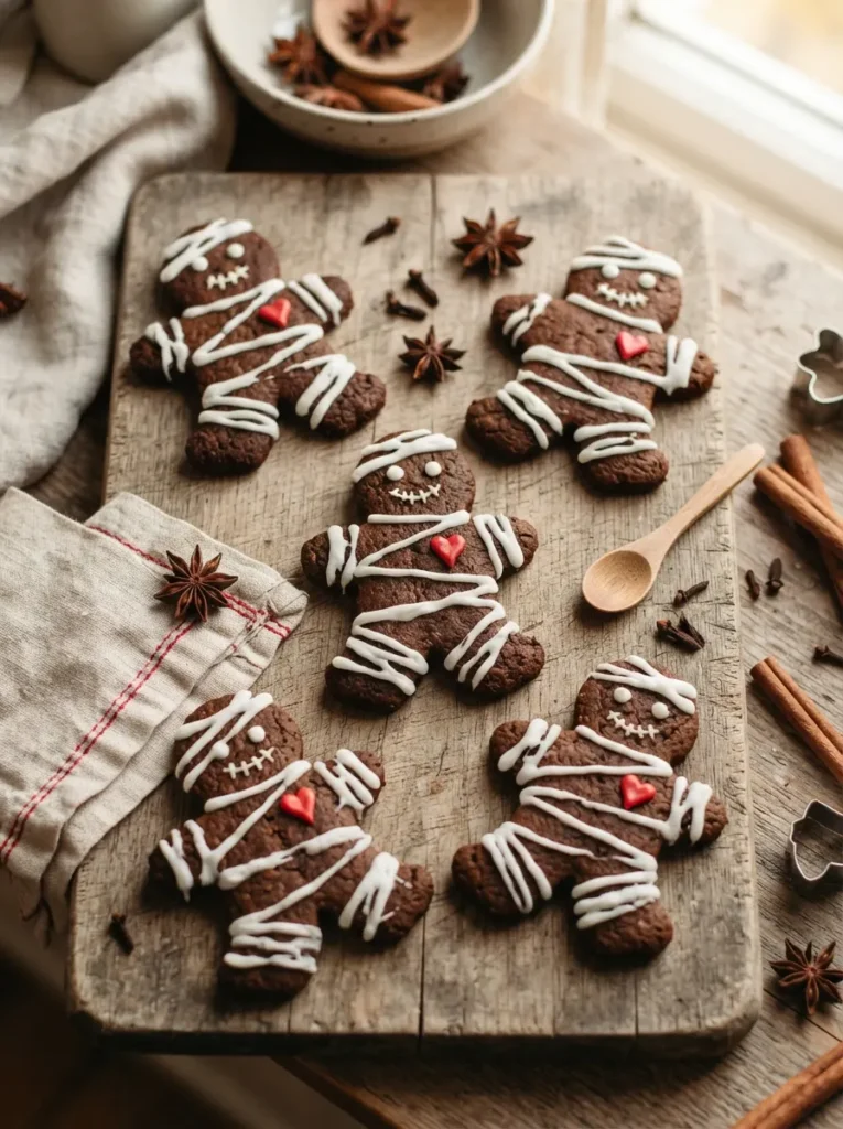 ![Dark spiced gingerbread men cookies decorated with haphazard horizontal white icing bandages and a single tiny red heart on the chest, vertical Pinterest photography, playful voodoo doll cookie styling.]