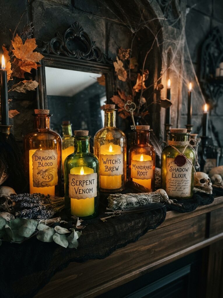 ![Vintage amber and green glass bottles glowing with LED candles, arranged on a Halloween mantel with handwritten potion labels and dried herbs, moody gothic lighting, vertical Pinterest photography.]