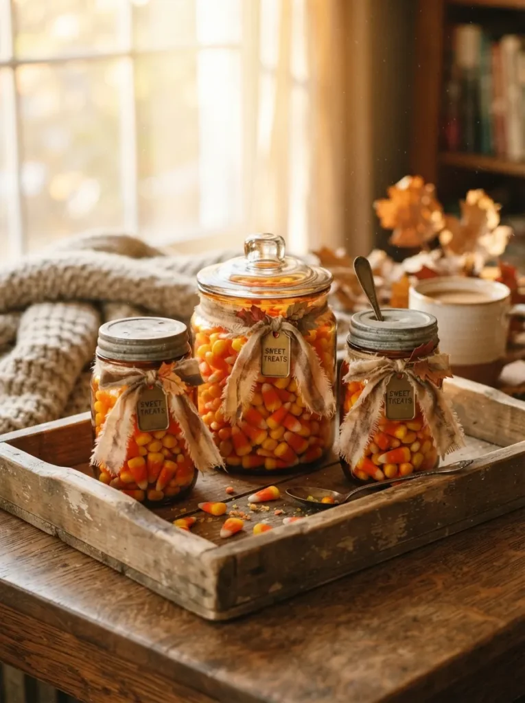 ![Amber glass jars filled with candy corn and tied with faded ribbon on a wooden tray, warm afternoon light, vertical Pinterest photography, nostalgic candy-corn-jar styling.]