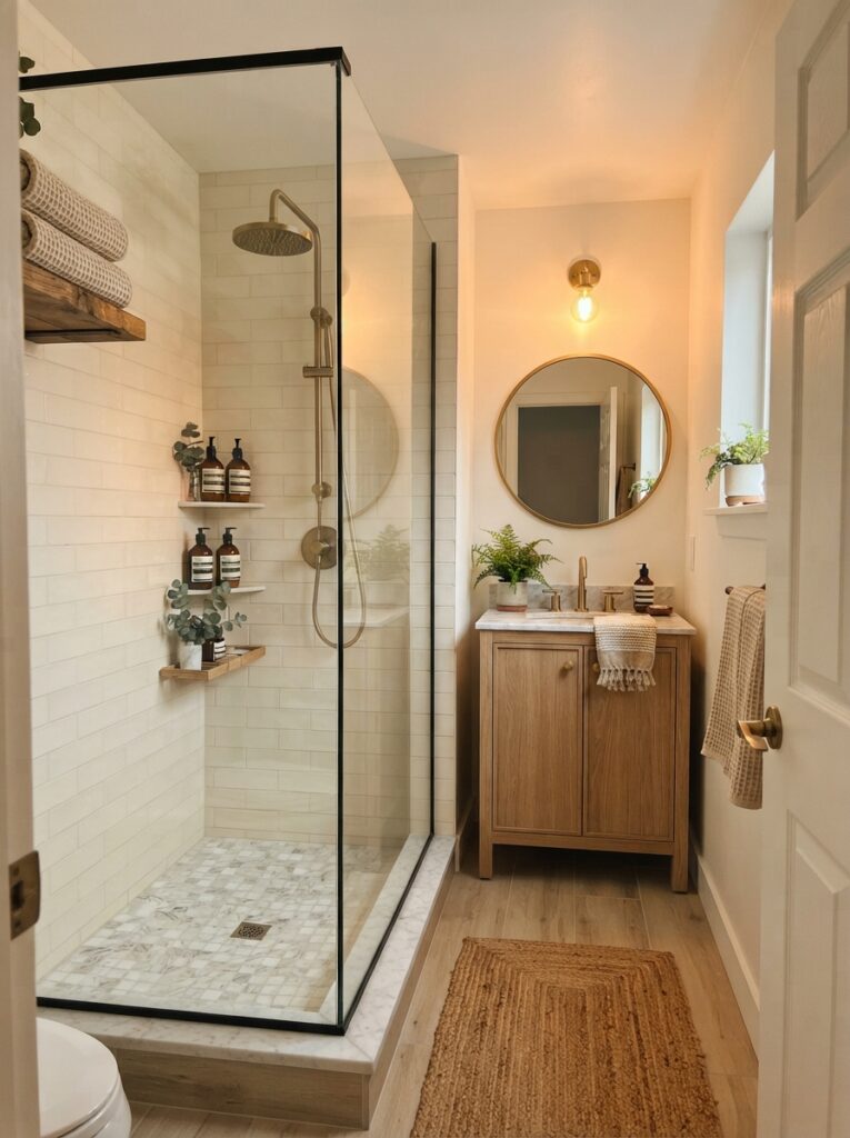 ![A glass panel used instead of a shower curtain in a small bathroom, keeping the room visually open, warm bathroom lighting, vertical Pinterest photography, warm glass-panel styling.]