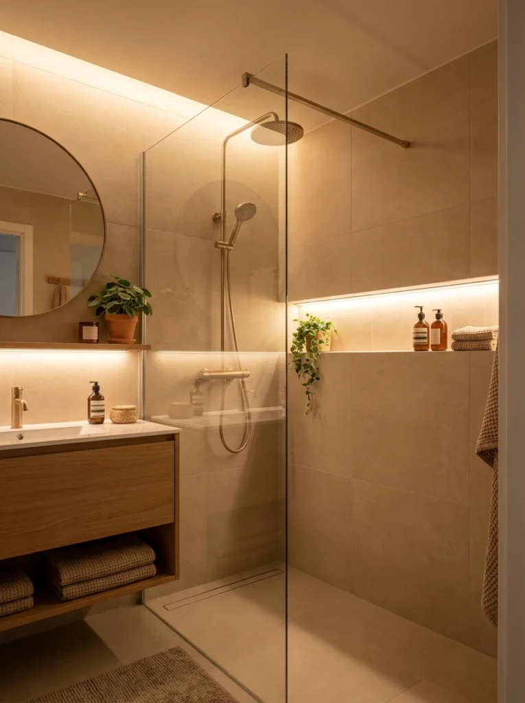 A frameless glass shower panel in a small bathroom, sightlines open across the room, warm bathroom lighting, vertical Pinterest photography, warm open-sightline styling.