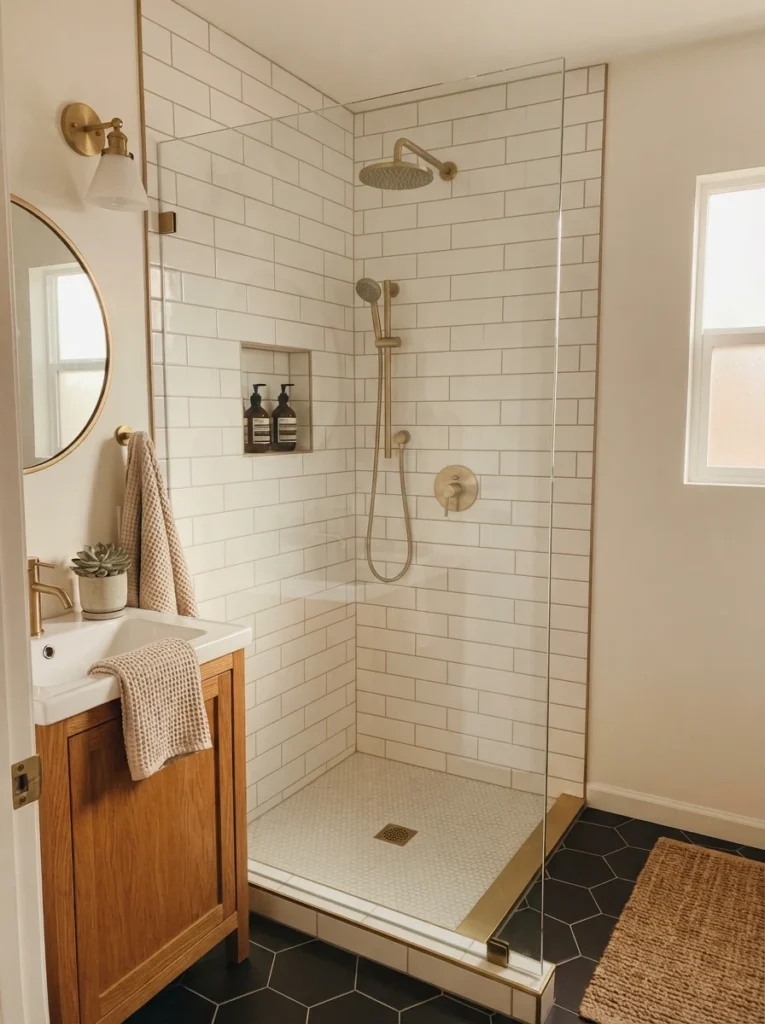 A frameless glass shower panel replacing a plastic shower curtain in a small bathroom, warm bathroom lighting, vertical Pinterest photography, warm glass-panel-upgrade styling.