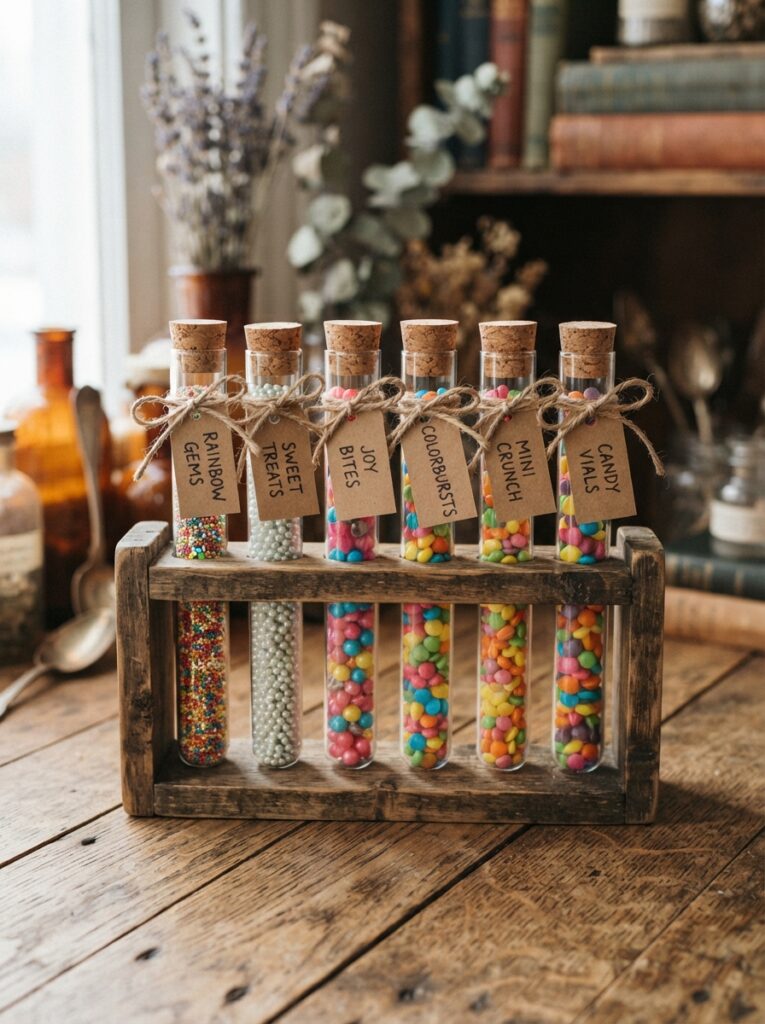 Clear glass test tubes sealed with natural corks, filled with vibrant, uniform tiny candies, tied with a small twine tag, standing upright in a rustic wooden rack, vertical Pinterest photography, apothecary specimen treat styling.
