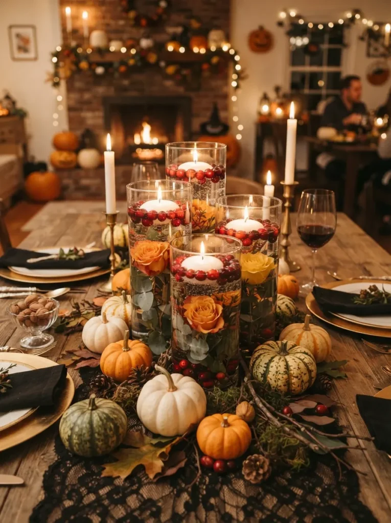 ![Clear glass cylinder vases with floating candles, cranberries, and autumn flowers, surrounded by miniature pumpkins on a Halloween dinner table, warm reflective lighting, vertical Pinterest photography.]