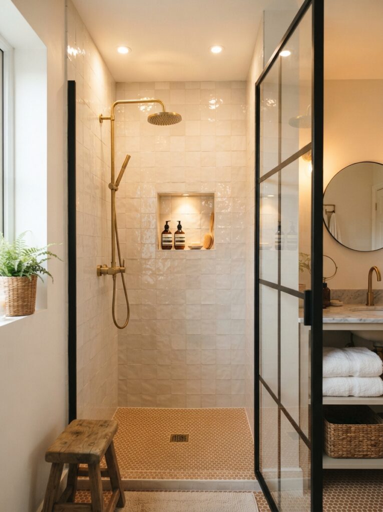 ![Light, glossy tile in a small bathroom shower, reflecting light throughout the space, warm bathroom lighting, vertical Pinterest photography, warm reflective-tile styling.]