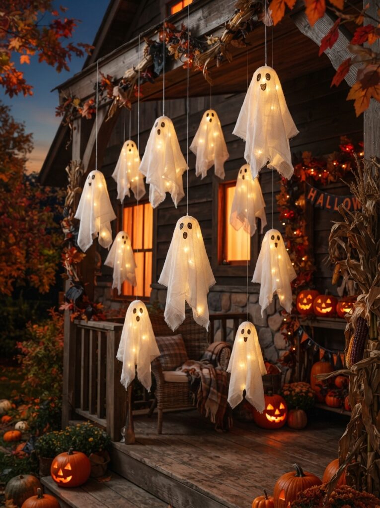 ![A group of softly glowing fabric ghosts hanging at different heights from a Halloween porch, warm LED lights inside the ghosts, autumn evening background, vertical Pinterest photography.]