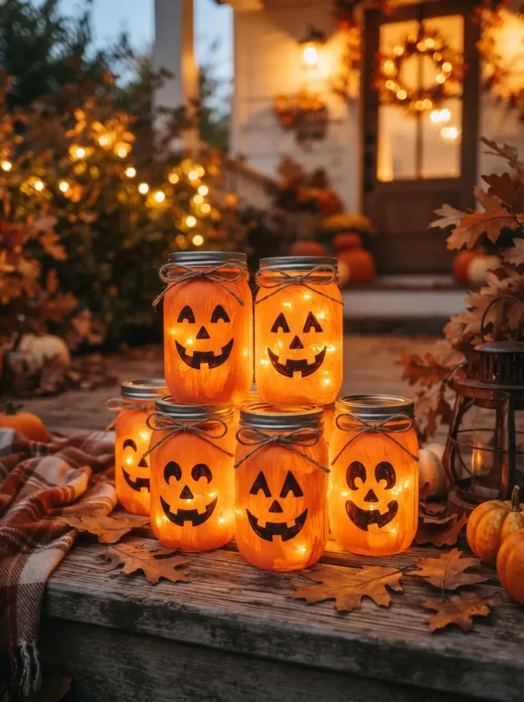 ![Cluster of orange painted mason-jar jack-o’-lanterns glowing from within, warm autumn evening light, vertical Pinterest photography, glowing-jar-lantern styling.]