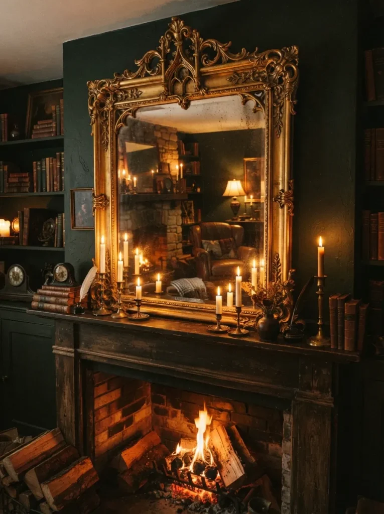 ![An oversized ornate gold antique mirror resting on a living room mantel, reflecting warm candlelight, dark academia aesthetic, warm ambient lighting, vertical Pinterest photography, gothic mirror styling.]
