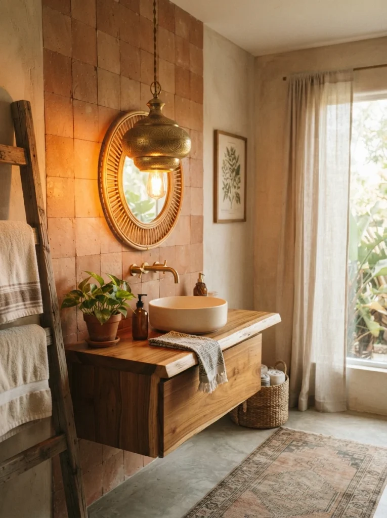A gold pendant light fixture in a boho bathroom, warm golden glow against natural materials, warm bathroom lighting, vertical Pinterest photography, warm gold-lighting styling.