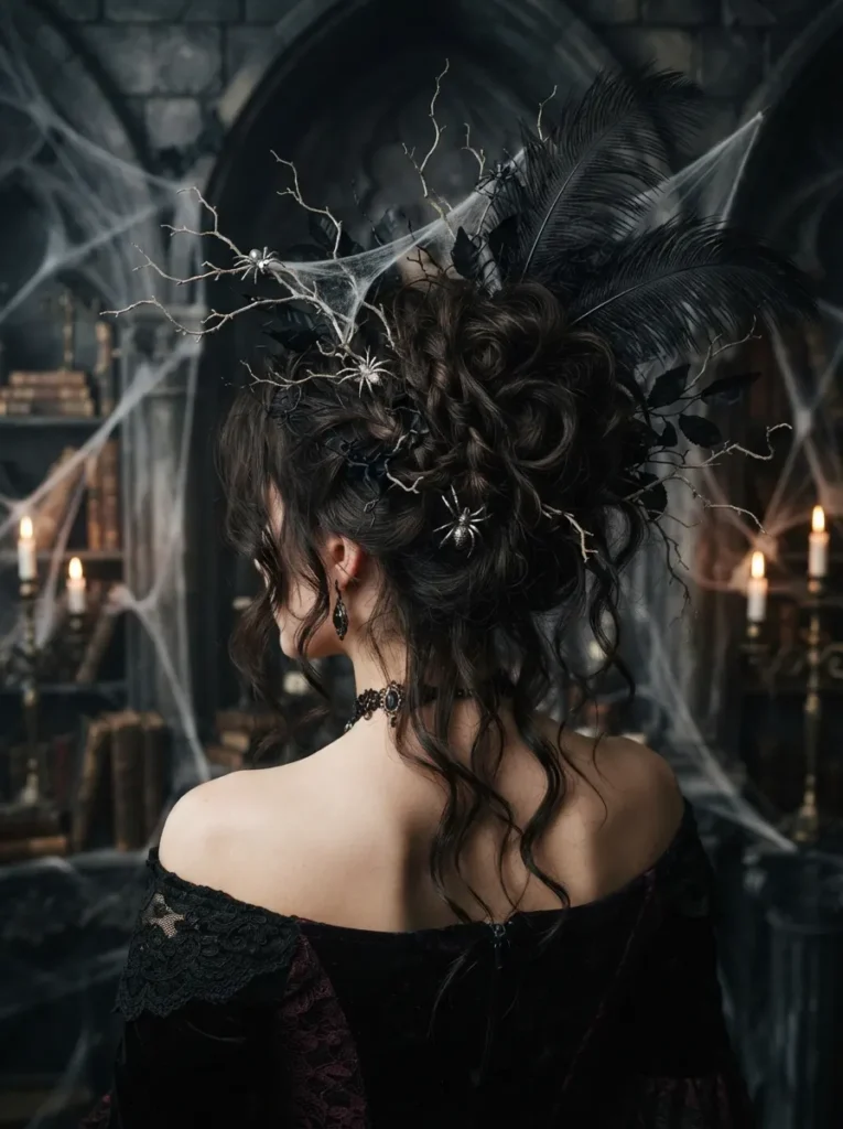 Messy gothic Halloween updo with loose strands, black feathers, dried branches, delicate faux cobwebs, and small spider accessories, dramatic haunted beauty styling, vertical Pinterest photography.