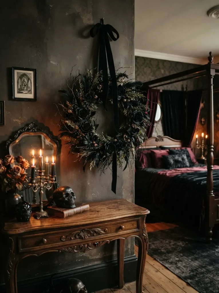 ![A dramatic gothic Halloween wreath made almost entirely from deep black artificial roses and dark green foliage, accented with twisted branches and a long black velvet ribbon, displayed above a vintage wooden console in a moody bedroom, warm candlelight, dark romantic atmosphere, elegant gothic decor, realistic interior photography, vertical Pinterest composition, no text.]