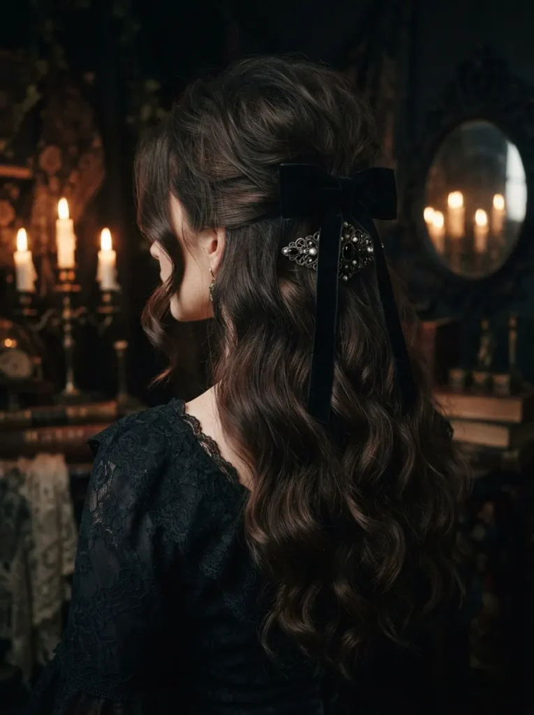 Romantic gothic half-up Halloween hairstyle with loose dark waves, teased crown, black velvet bow, antique barrette, and moody candlelit styling, vertical Pinterest beauty photography.