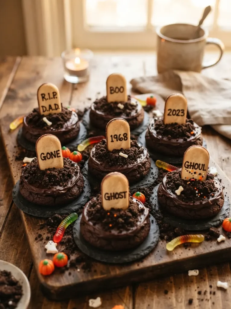 ![Round chocolate cookies topped with dark chocolate frosting and crushed cookie dirt, featuring a halved Milano cookie standing upright like a tombstone, warm lighting, vertical Pinterest photography, clever graveyard dessert styling.]