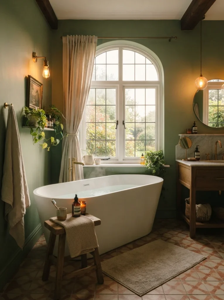 A green bathroom with natural light shifting the tone throughout the day, skylight or window visible, warm bathroom lighting, vertical Pinterest photography, warm daylight-shifting styling.