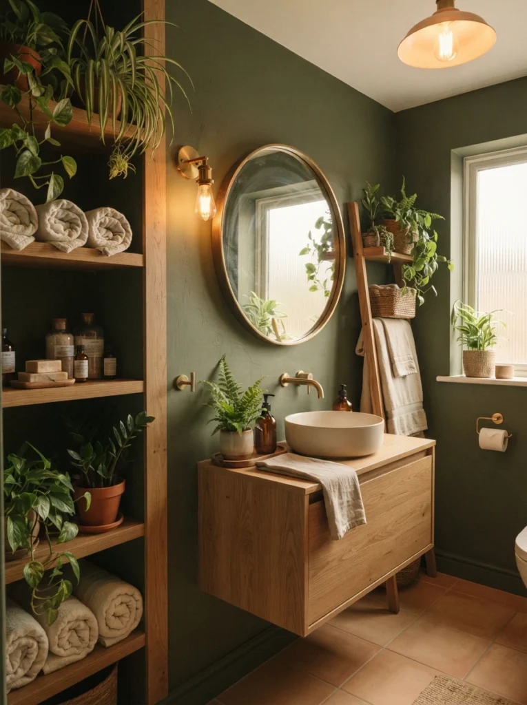 Green bathroom walls layered with wood, linen, and plants, treating the color as a neutral base, warm bathroom lighting, vertical Pinterest photography, warm layered-green styling.