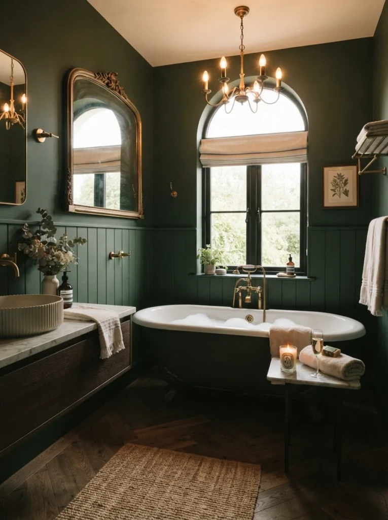 A deep hunter green bathroom, elegant and sophisticated, paired with soft accent colors, warm bathroom lighting, vertical Pinterest photography, warm forest-green styling.