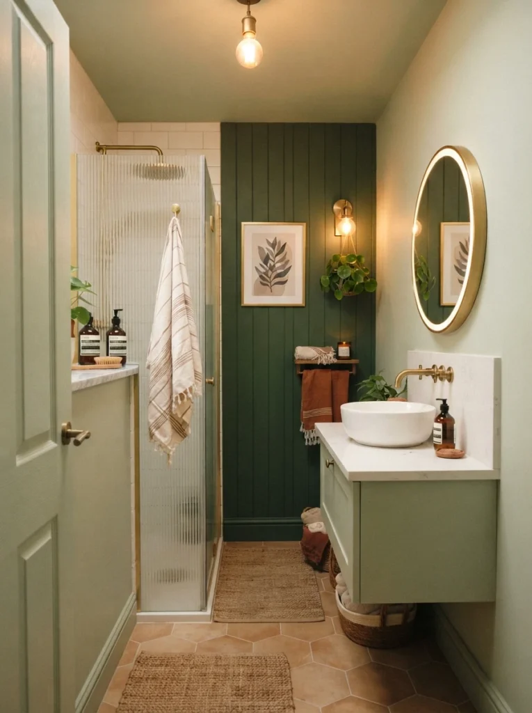 Light sage green covering a full small bathroom, deeper green reserved for a single accent wall, warm bathroom lighting, vertical Pinterest photography, warm tone-scaled styling.