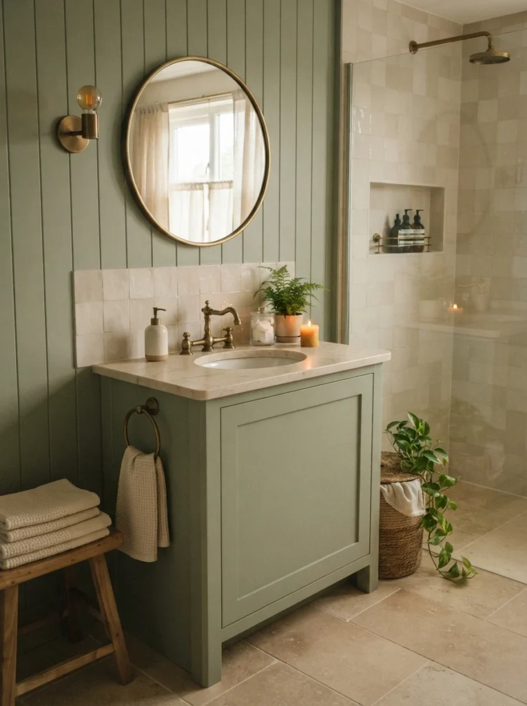 A green bathroom kept to a simple palette of cream, stone, and one metal finish, cohesive and calm, warm bathroom lighting, vertical Pinterest photography, warm simplified-palette styling.