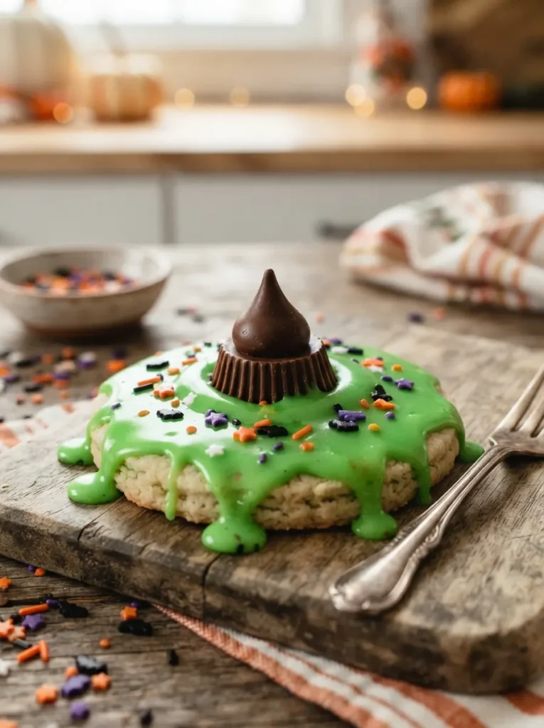 ![A round cookie flooded with vibrant green icing, featuring an upside-down mini peanut butter cup and chocolate kiss stacked in the center to look like a sinking witch hat, vertical Pinterest photography, playful melting witch styling.]
