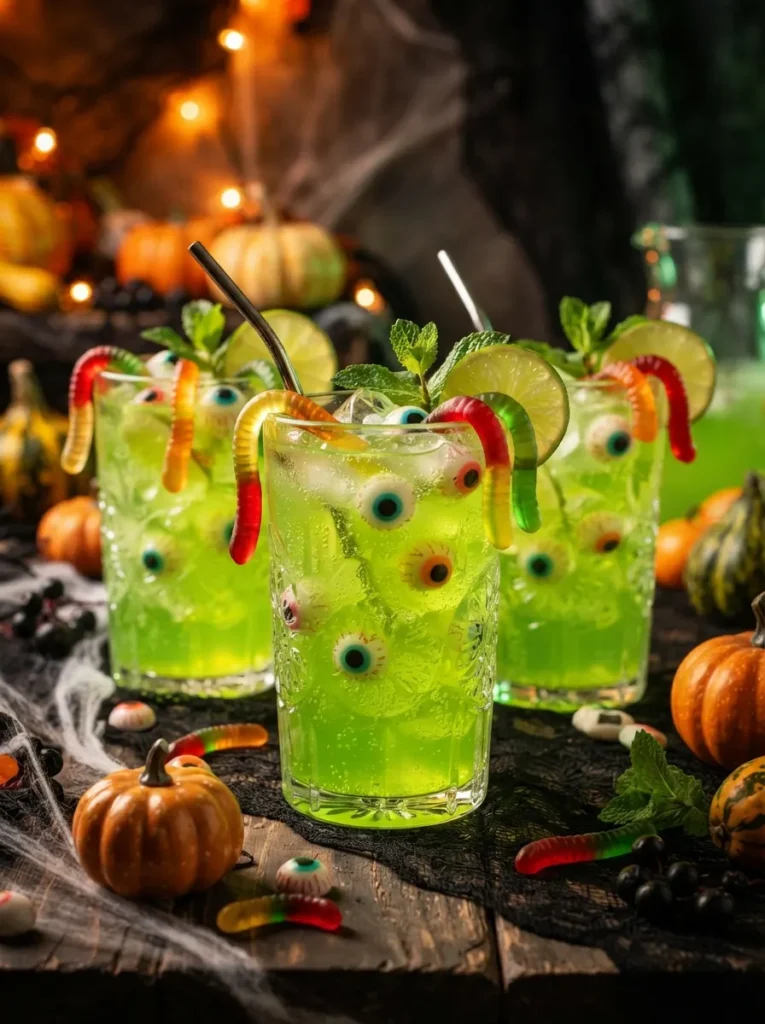 A vibrant Halloween green monster punch served in clear glass tumblers, glowing lime-green drink filled with ice cubes and playful edible candy eyes, gummy worms hanging over the rims, lime slices and fresh mint garnish, dark Halloween party table decorated with miniature pumpkins and subtle spider webs, dramatic warm orange and green ambient lighting, highly refreshing and appetizing realistic food photography, vertical Pinterest composition, no text.
