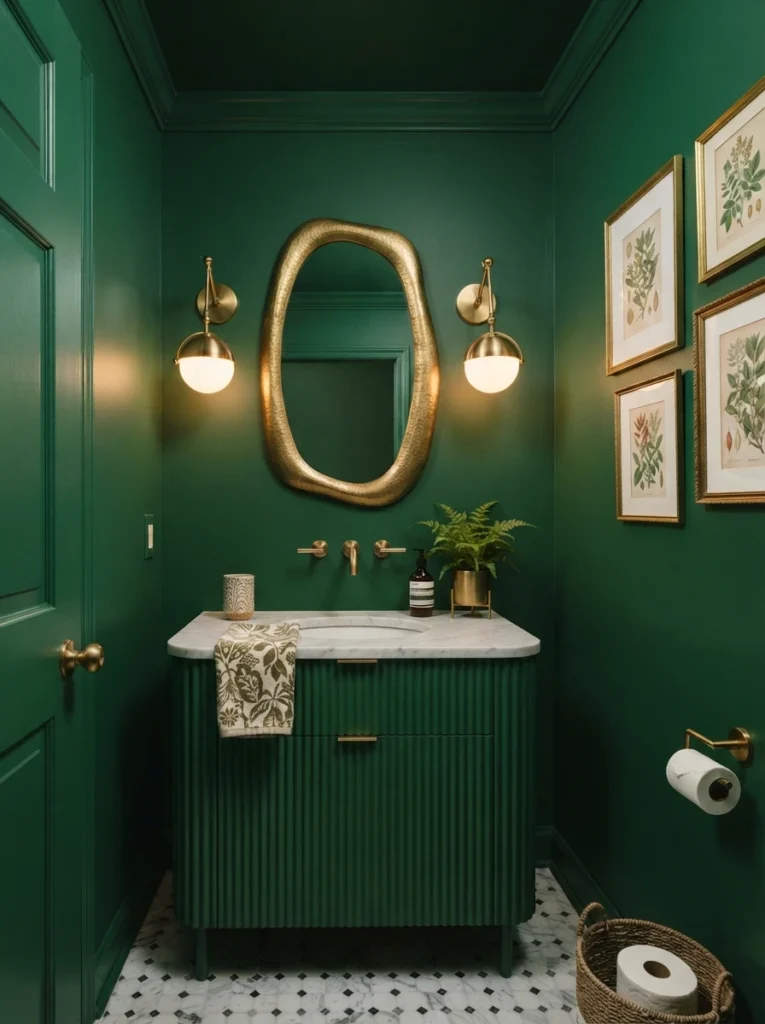 A powder room wrapped in bold saturated green on all four walls, brass hardware and statement mirror, warm bathroom lighting, vertical Pinterest photography, warm bold-powder-room styling.