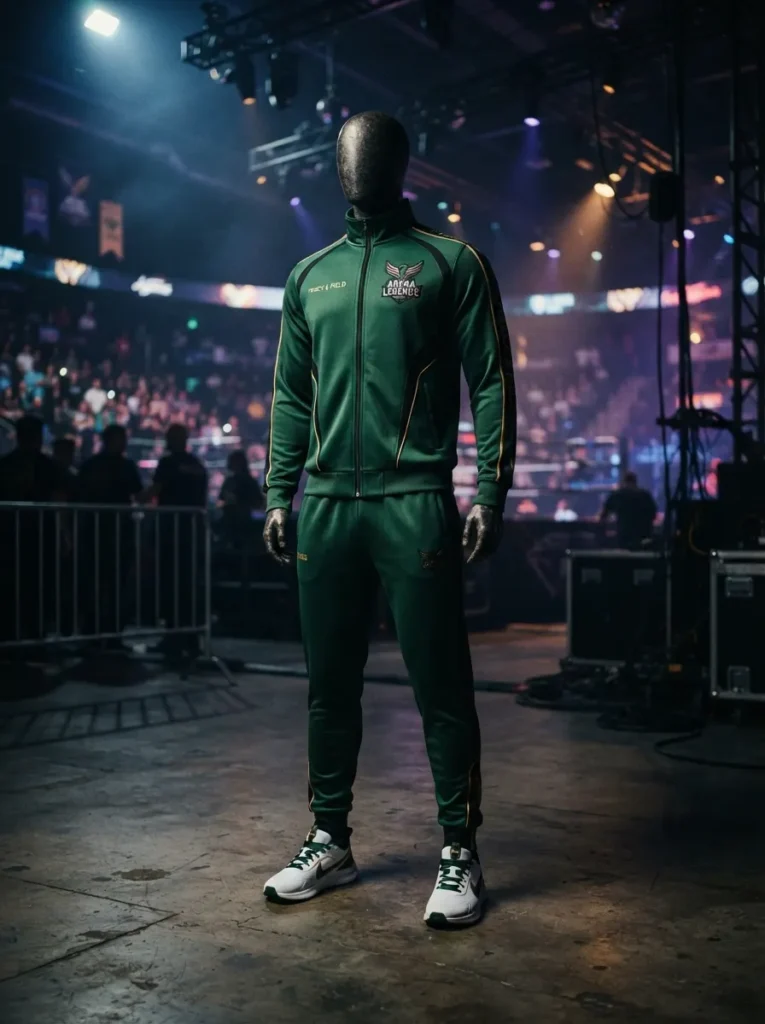 ![Squid Game inspired Halloween costume, young adult wearing green tracksuit with white sneakers, standing in a dramatic Halloween party setting inspired by a colorful game arena, moody cinematic lighting, realistic photography, vertical Pinterest composition, no text.]