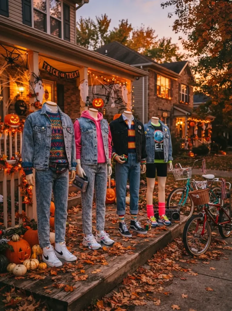 ![Stranger Things inspired Halloween group costume, friends dressed in 1980s inspired outfits with denim jackets, colorful sweaters, sneakers and retro hairstyles, suburban Halloween setting with bicycles and autumn leaves, cinematic evening lighting, realistic photography, vertical Pinterest composition, no text.]