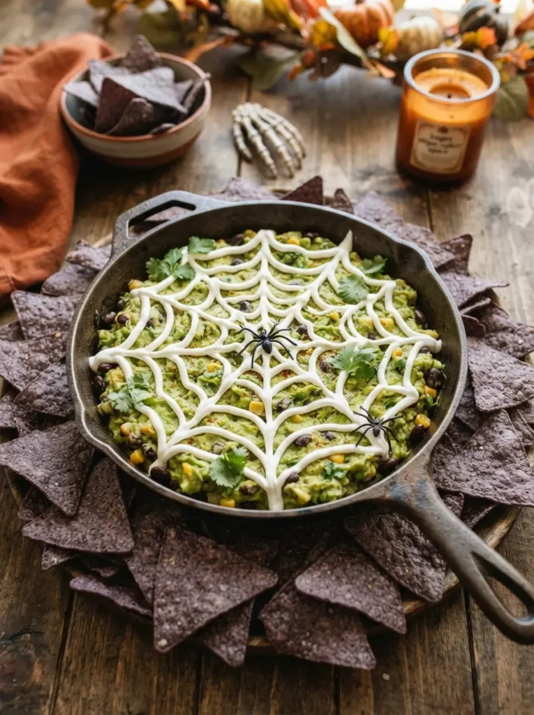 ![A cast iron skillet filled with bright green guacamole and black beans, topped with a striking white sour cream spiderweb pattern, surrounded by blue corn tortilla chips, vertical Pinterest photography, festive dip styling.]
