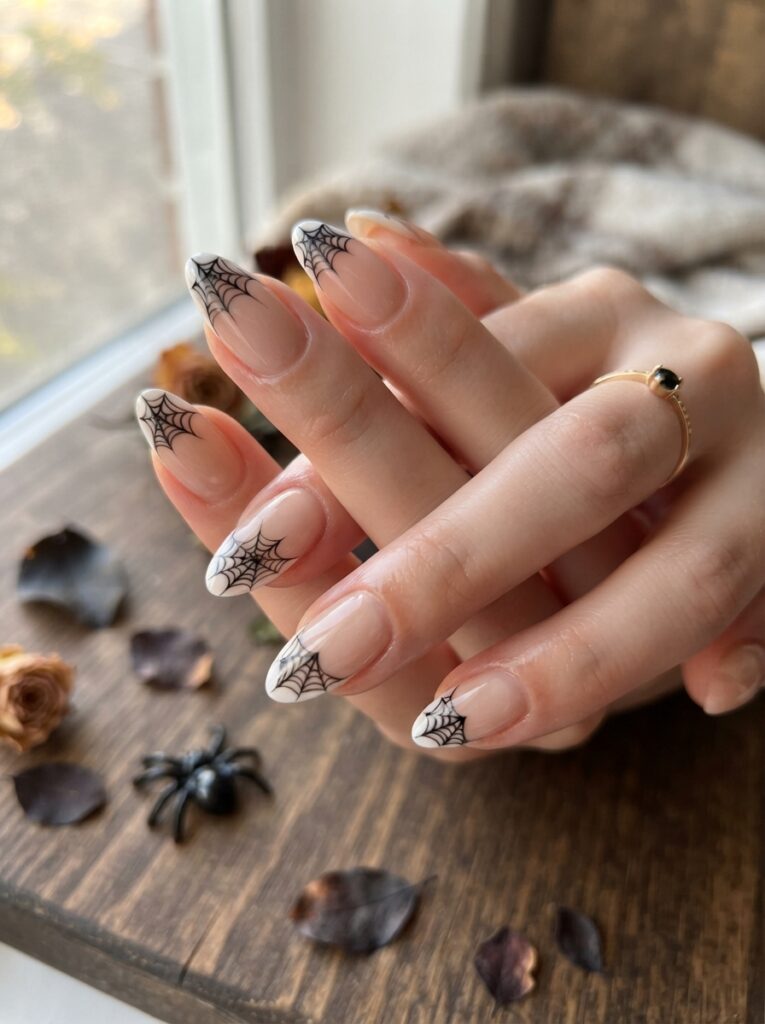 ![Sparkling Halloween manicure with black and purple glitter nails, silver stars, tiny bats, crescent moons, and glossy spooky details, vertical Pinterest photography.]