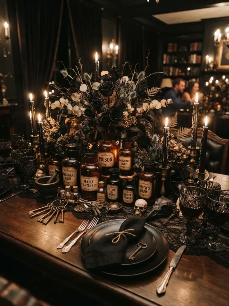 ![A gothic Halloween apothecary centerpiece with amber bottles, dark glass jars, dried flowers, handwritten potion labels, black candles, and antique keys, elegant dinner party table, vertical Pinterest photography.]