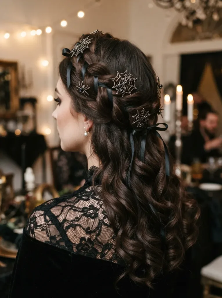 Elegant Halloween braided crown with dark hair, thin black ribbons, delicate spiderweb accessories, soft waves, sophisticated gothic party hairstyle, vertical Pinterest photography.