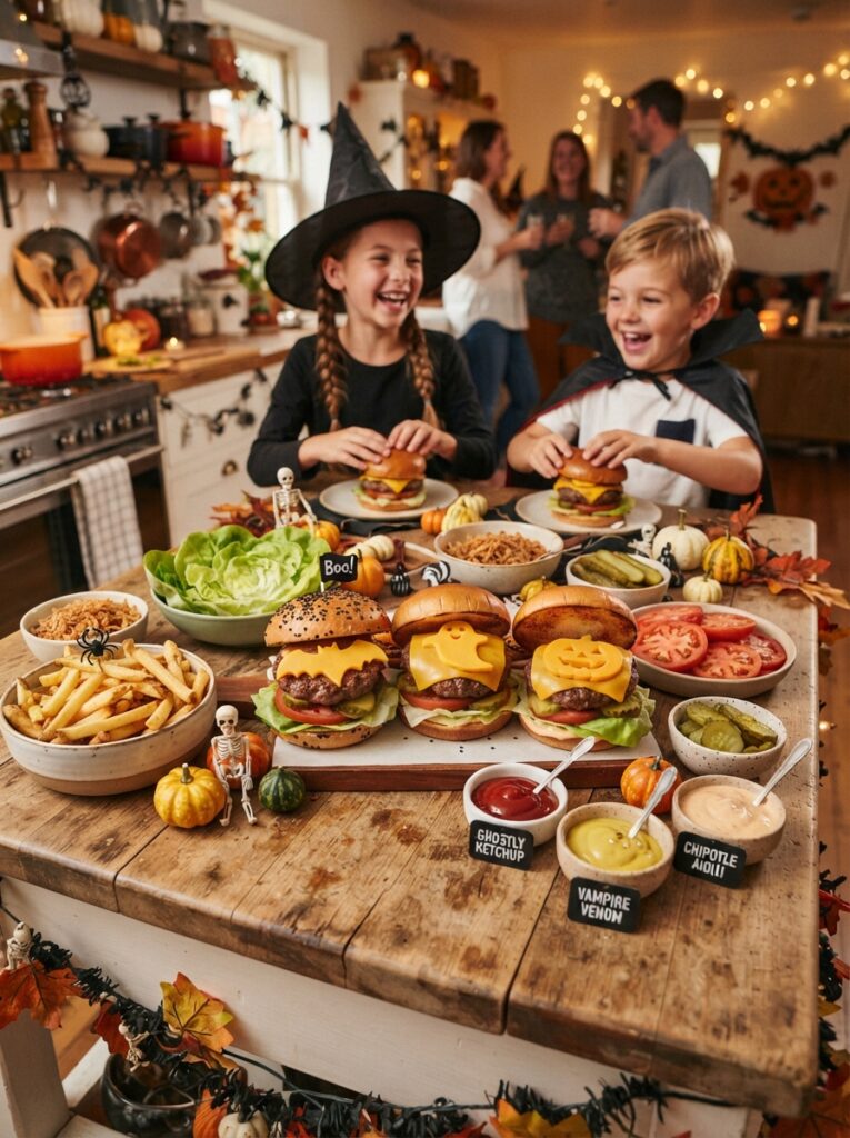 ![A basket overflowing with freshly baked pumpkin-shaped dinner rolls, each roll golden brown with realistic pumpkin ridges and tiny green herb stems, placed on a rustic wooden Halloween dinner table, butter dish nearby, small orange pumpkins and autumn leaves, warm candlelit atmosphere, appetizing bakery-style food photography, vertical Pinterest composition, no text.]