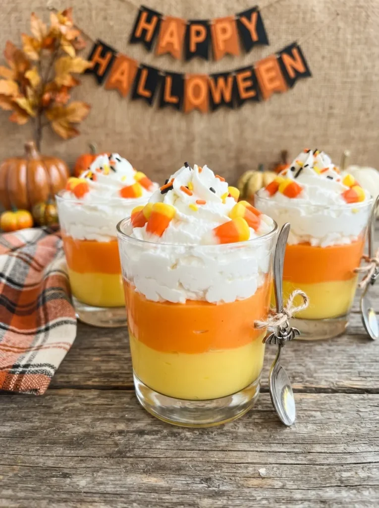 ![Halloween candy corn parfaits layered with white cream, orange pudding, yellow cake or pudding, topped with whipped cream and candy corn, vertical Pinterest photography.]
