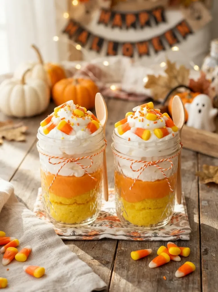 ![Halloween candy corn parfaits layered with white cream, orange pudding, yellow cake or pudding, topped with whipped cream and candy corn, vertical Pinterest photography.]