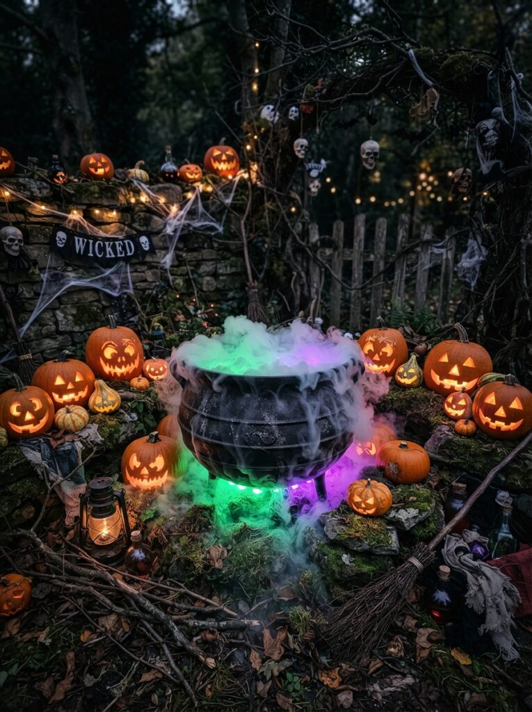 ![A Halloween cauldron glowing with green and purple LED light beneath swirling fog, surrounded by pumpkins, dried branches, and dark outdoor decorations, vertical Pinterest photography.]