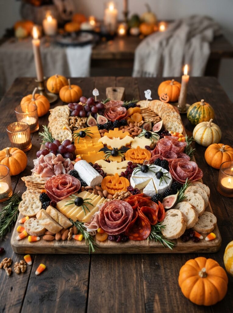 ![A lavish Halloween charcuterie dinner board arranged on a dark wooden table, assortment of cheeses cut into bats and pumpkins, cured meats, crackers, grapes, figs, nuts and dried fruit, small black olive spiders and rosemary branches for decoration, miniature pumpkins surrounding the board, warm candlelight, sophisticated yet family-friendly Halloween feast, realistic food photography, vertical Pinterest composition, no text.]