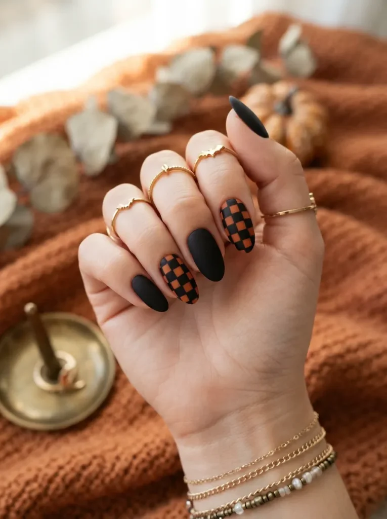 ![Trendy chrome Halloween nails with reflective silver polish and tiny black and white ghost accents, glossy futuristic manicure, vertical Pinterest photography.]