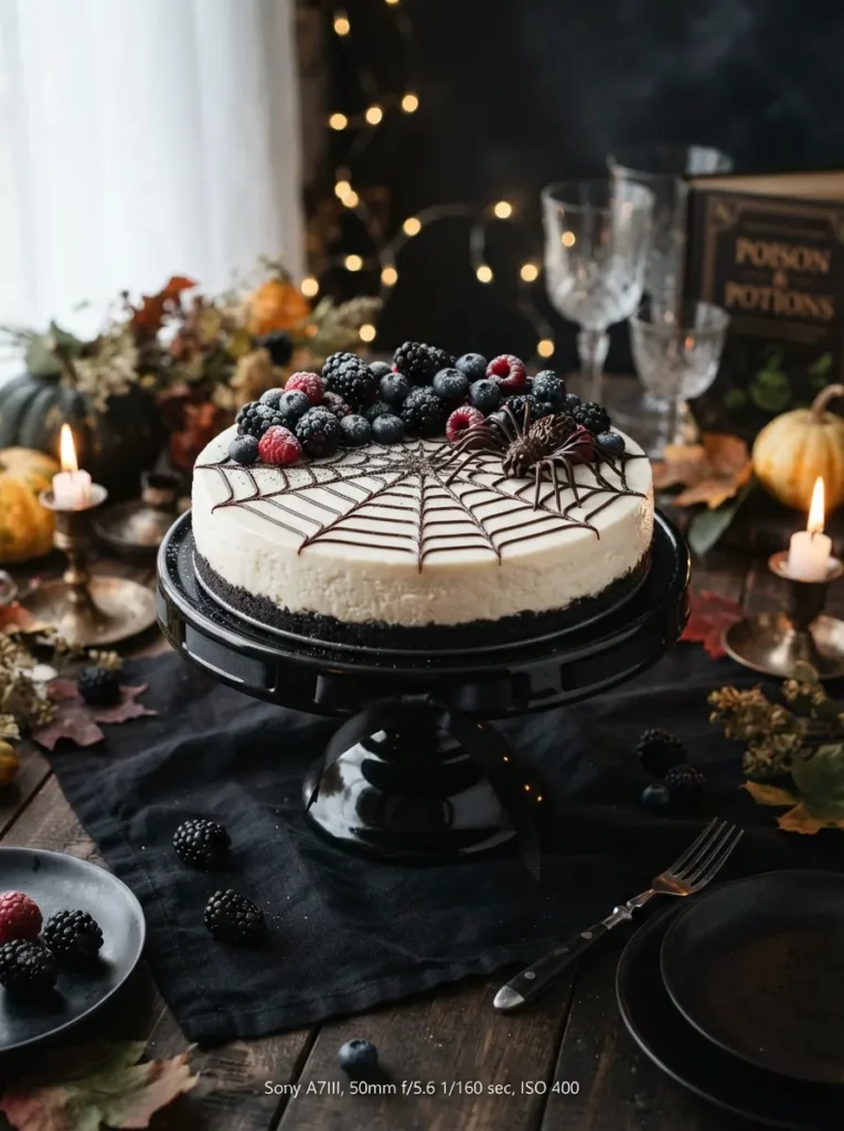 ![A Halloween cheesecake decorated with a precise chocolate spiderweb pattern, chocolate spider, dark cookie crust, and berry topping, elegant spooky dessert styling, vertical Pinterest photography.]
