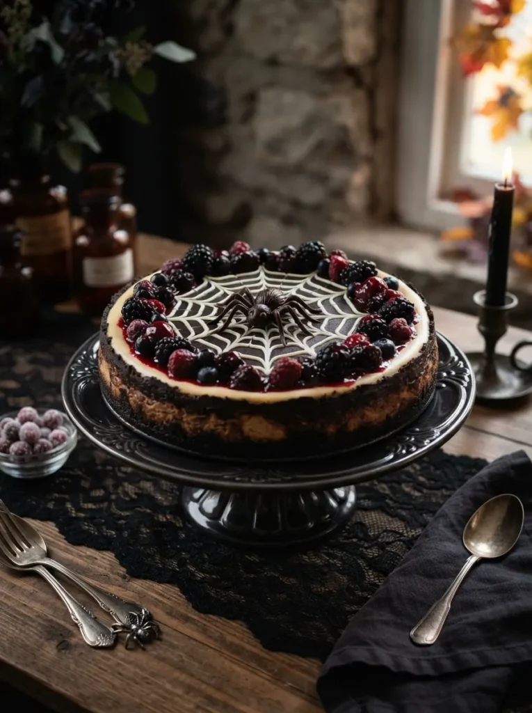 ![A Halloween cheesecake decorated with a precise chocolate spiderweb pattern, chocolate spider, dark cookie crust, and berry topping, elegant spooky dessert styling, vertical Pinterest photography.]